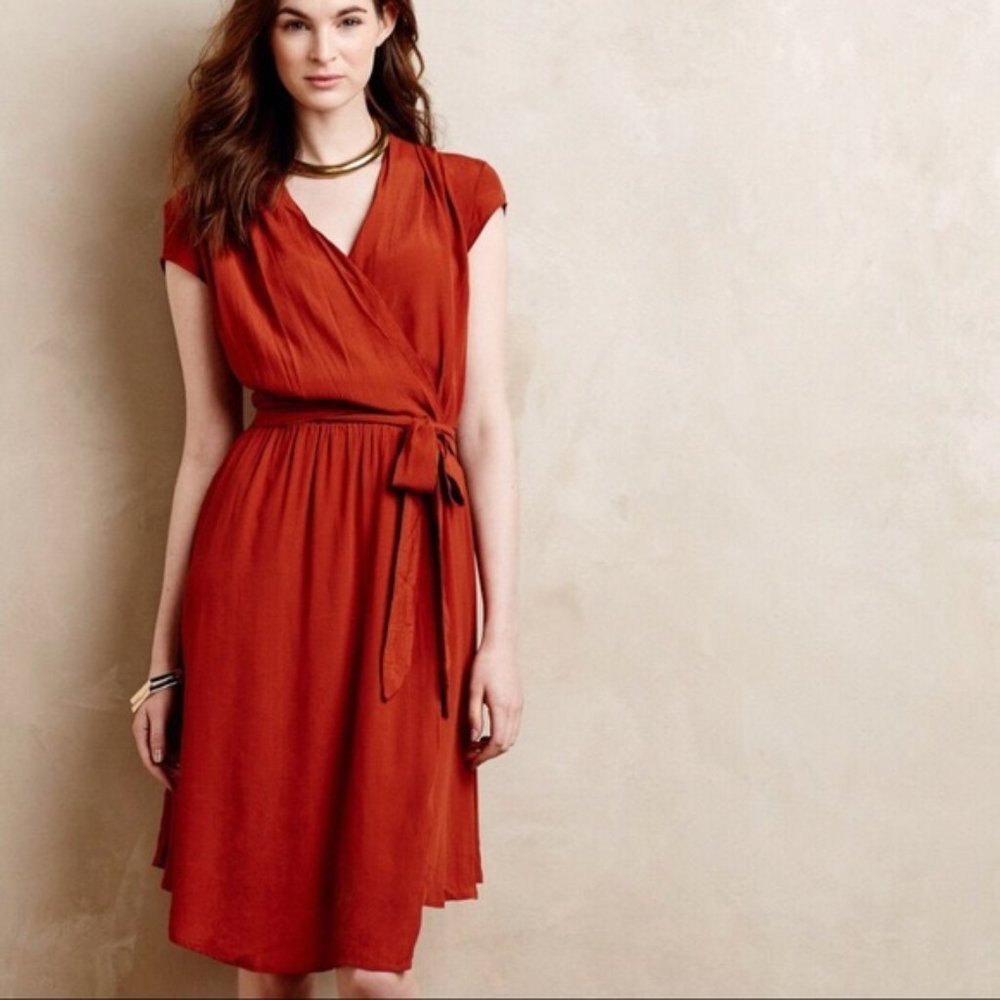 Anthropologie Maeve Burnt Orange Rust Wrap Dress L